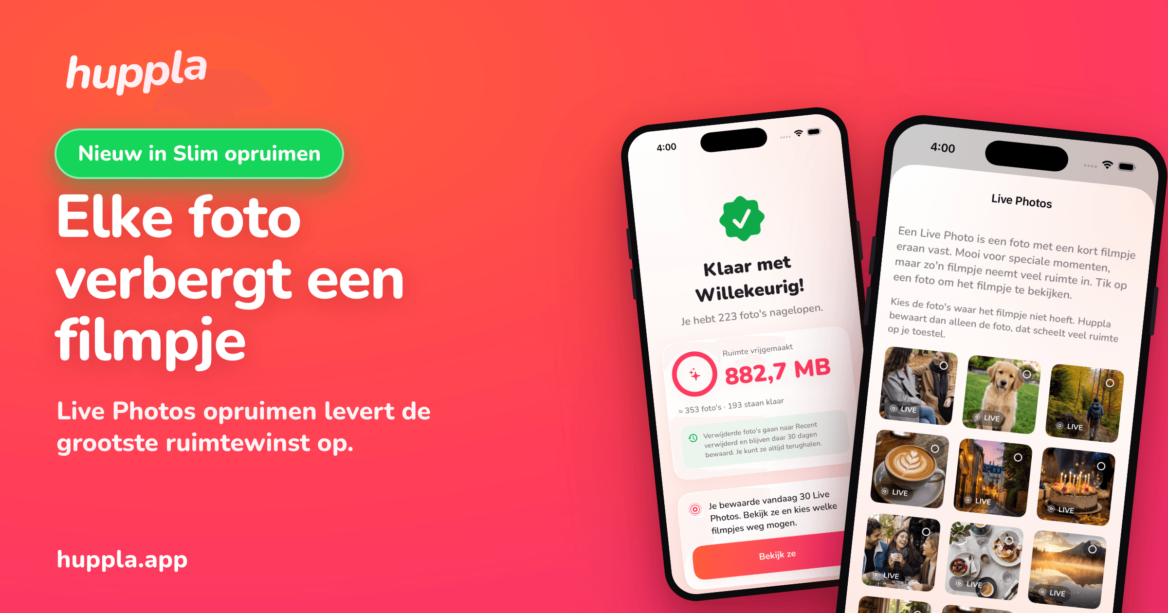 Huppla toont je Live Photos in een raster, met de knop om ze om te zetten naar gewone foto's.