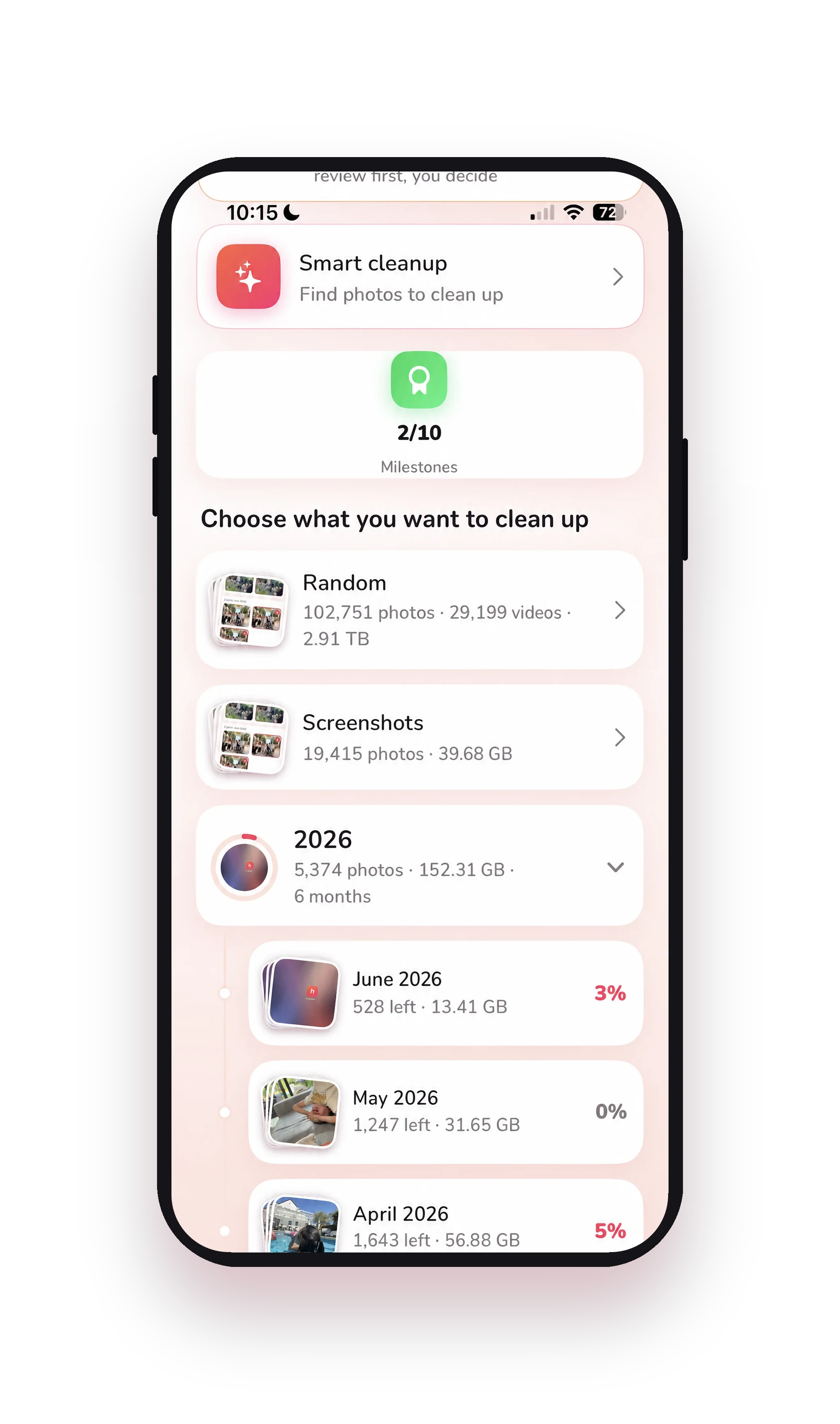 The Huppla overview showing your photos by month and how much is already cleaned up