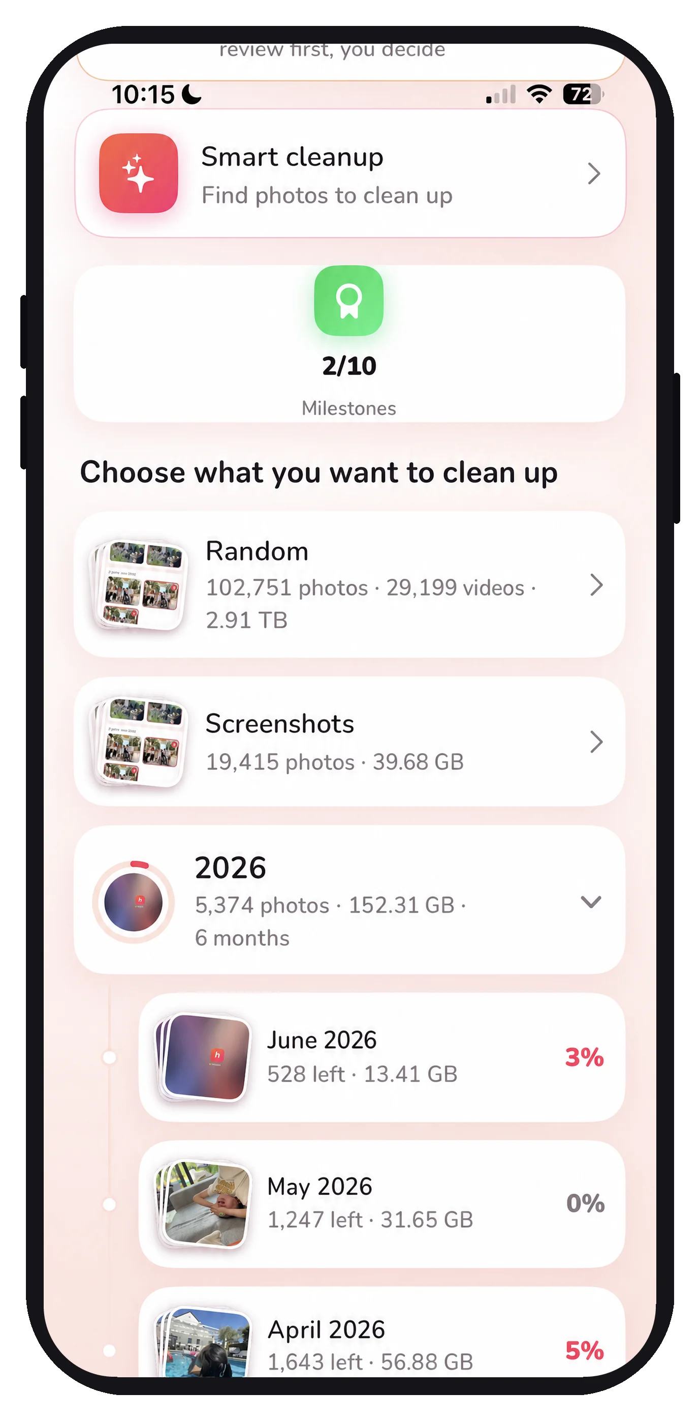 The Huppla overview showing your photos by month and how much is already cleaned up