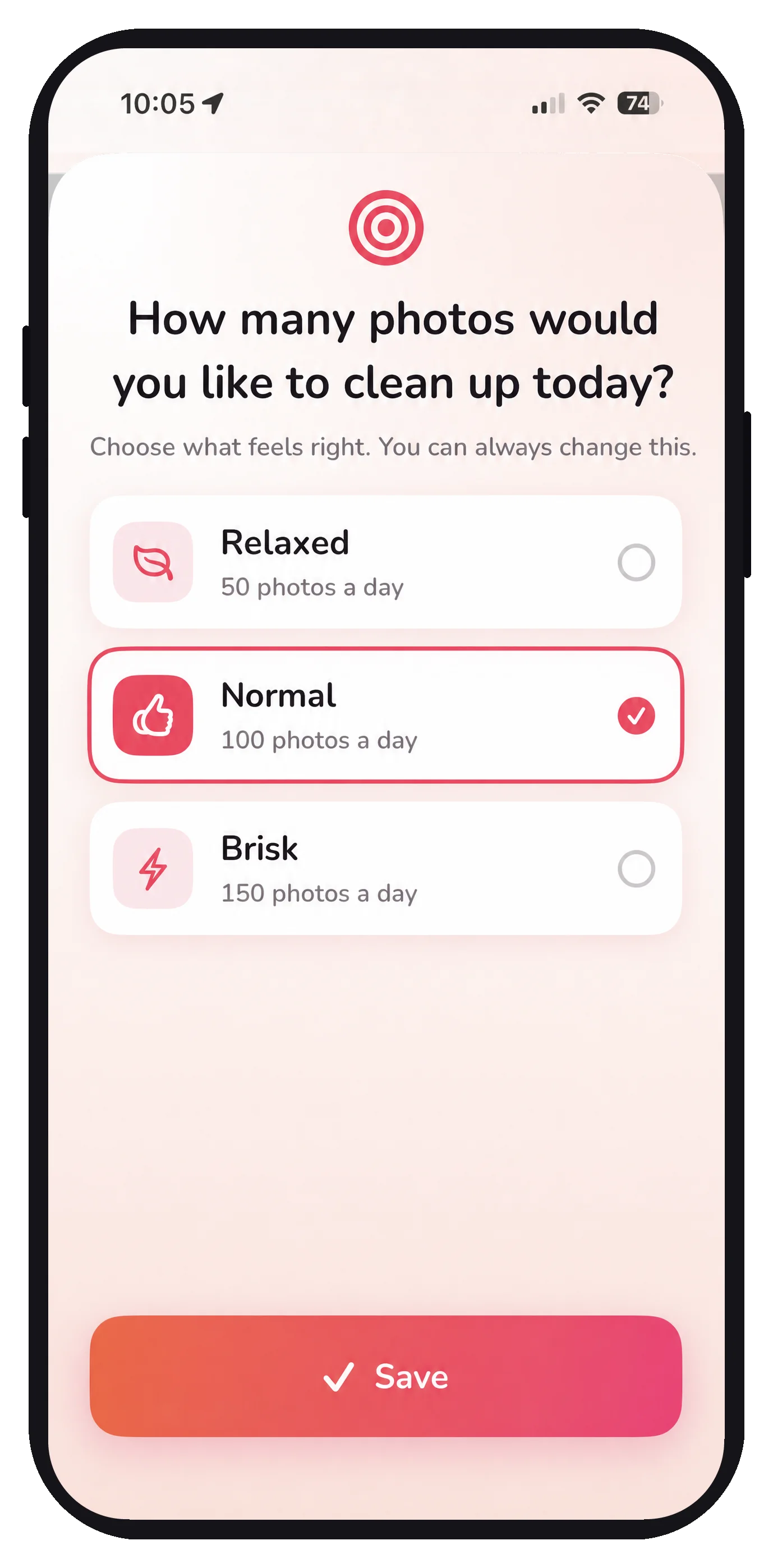 The screen where you pick your daily goal: easy, normal or ambitious