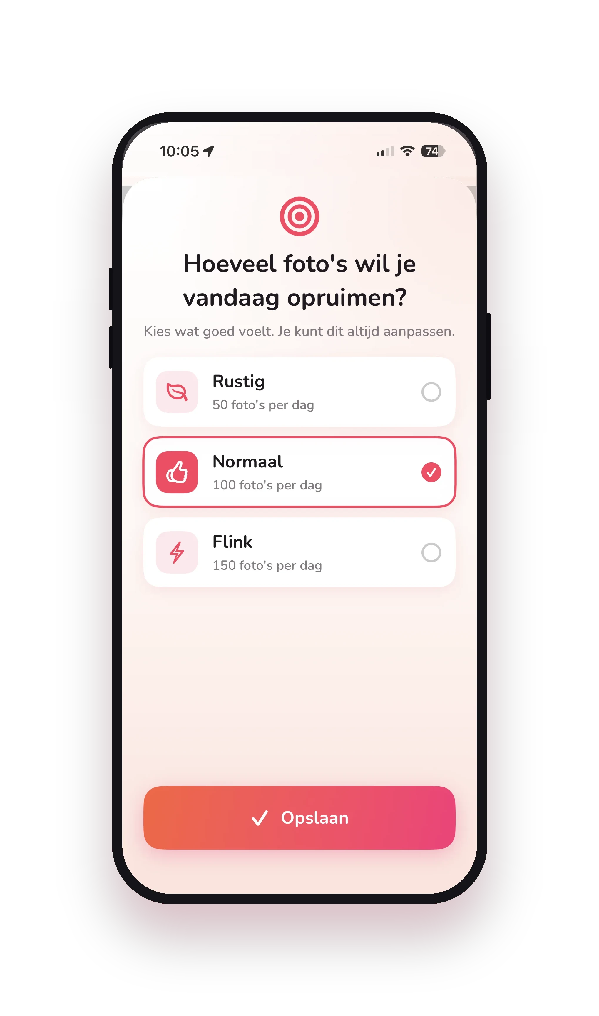 Het scherm waar je je dagdoel kiest: rustig, normaal of flink