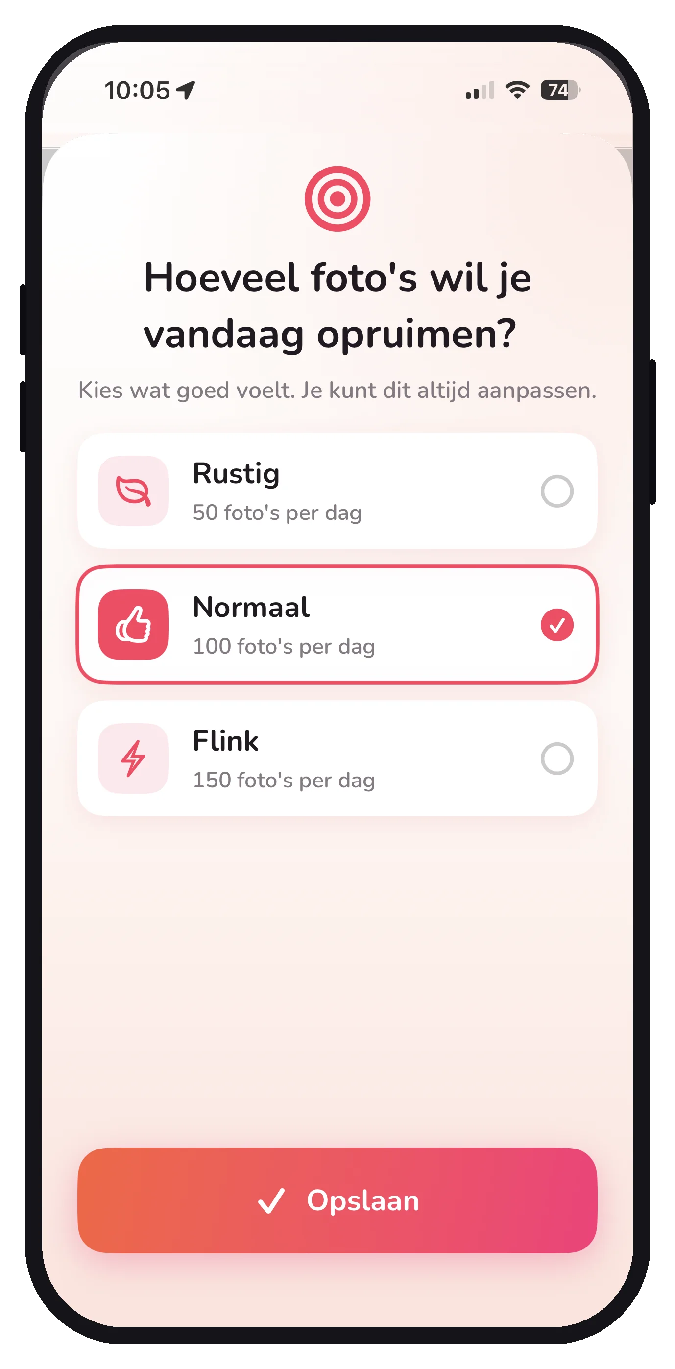 Het scherm waar je je dagdoel kiest: rustig, normaal of flink
