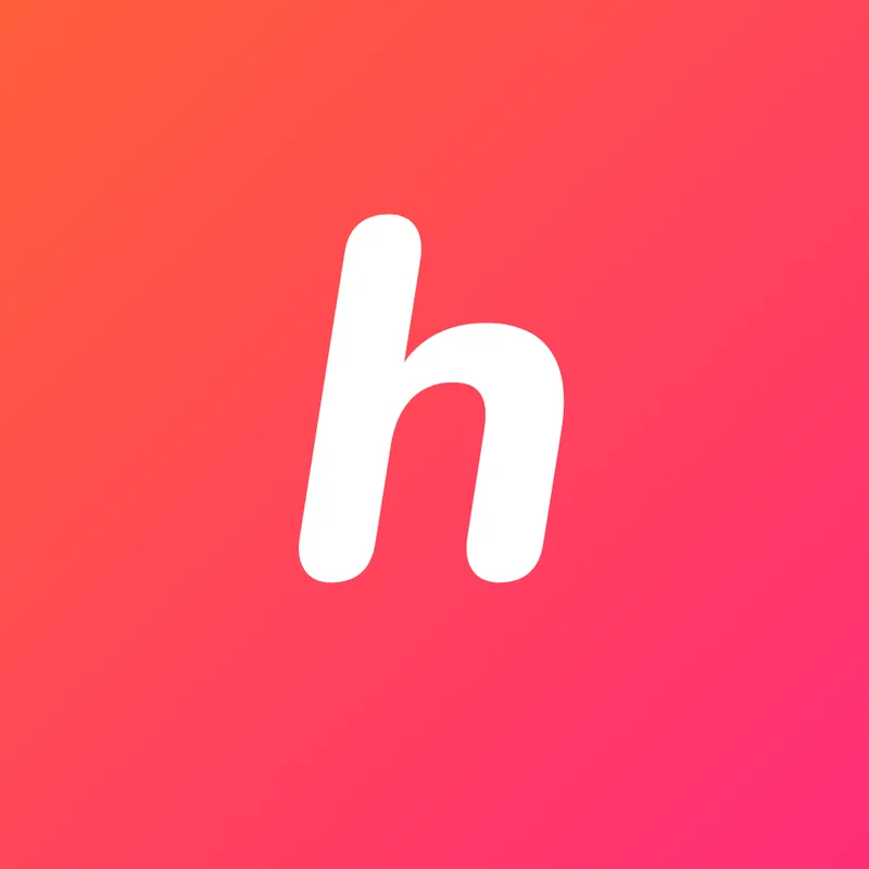 Huppla-appicoon: een witte kleine letter h op een rood-roze verloop