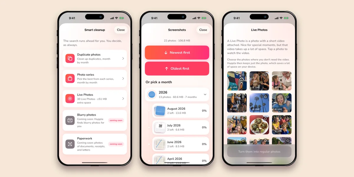 Three iPhone screens showing Huppla side by side on a plain background