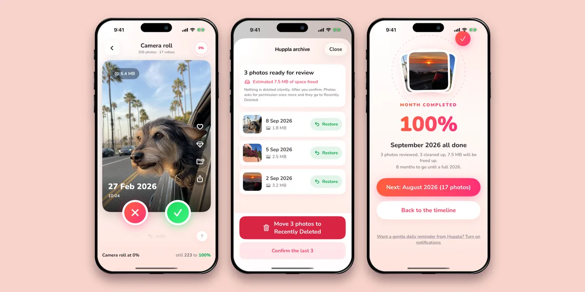 Three iPhone screens showing Huppla side by side on a plain background