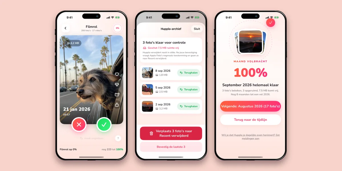 Drie iPhone-schermen met Huppla naast elkaar op een effen vlak