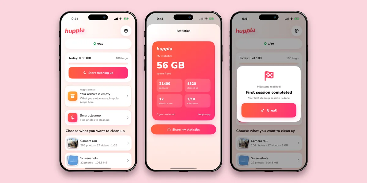 Three iPhone screens showing Huppla side by side on a plain background