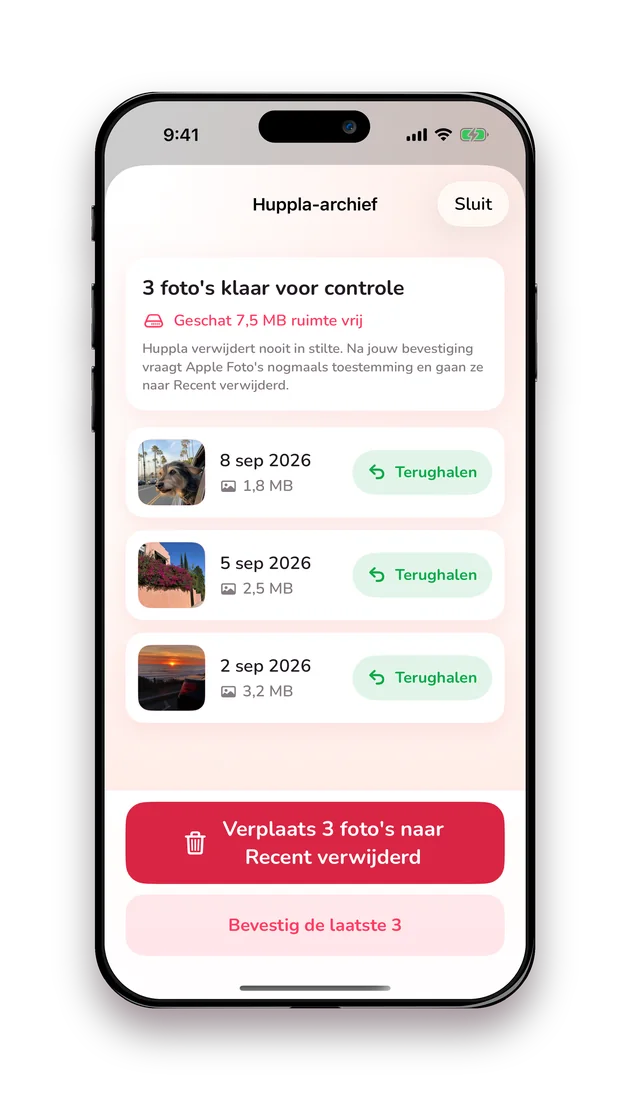 Archiefscherm van Huppla met foto's, knoppen Terughalen en een rode bevestigknop