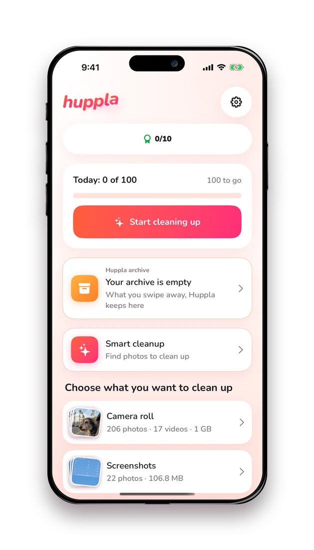 Huppla home screen with daily goal, archive and photo groups