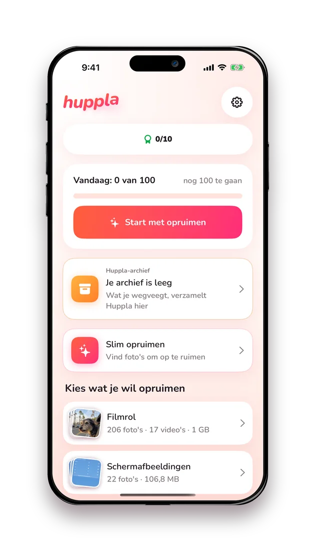 Beginscherm van Huppla met dagdoel, archief en fotogroepen