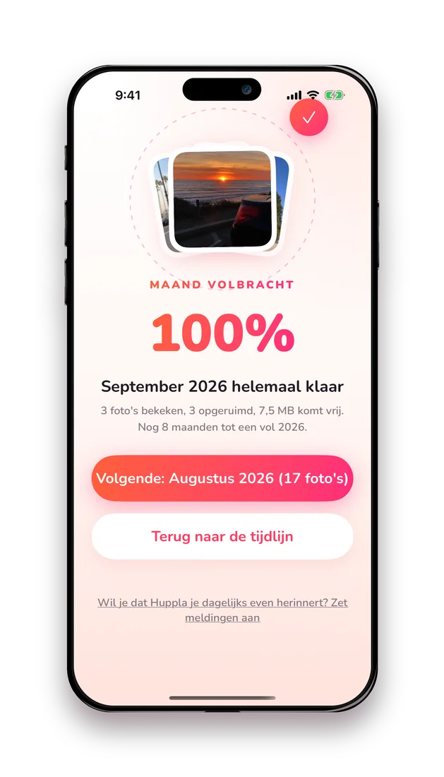 Afrondscherm van Huppla met een badge van 100 procent