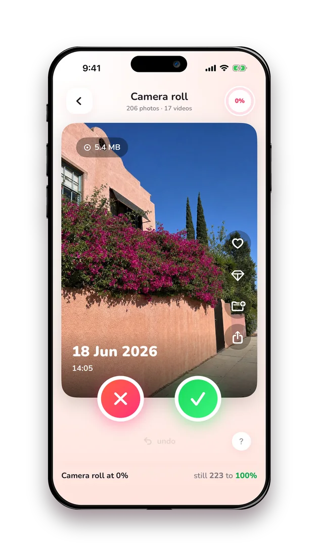 Huppla swipe screen with a pink facade and bougainvillea
