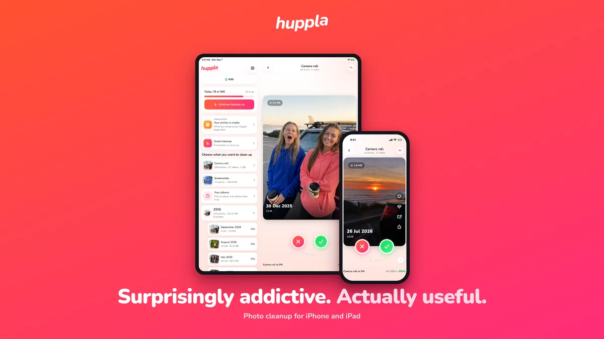Huppla on an iPad and an iPhone against the red brand gradient, with the wordmark and tagline