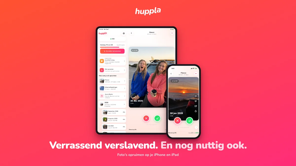 Huppla op iPad en iPhone tegen het rode merkverloop, met woordmerk en baseline