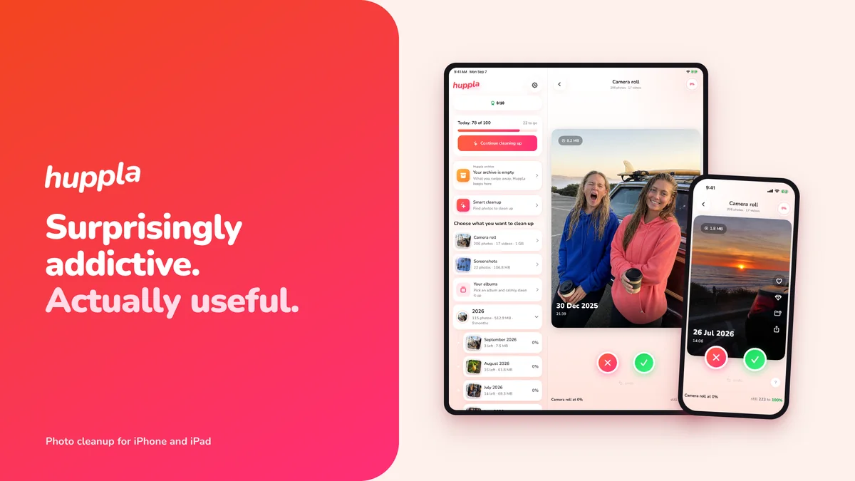 Huppla on an iPad and an iPhone against the red brand gradient, with the wordmark and tagline