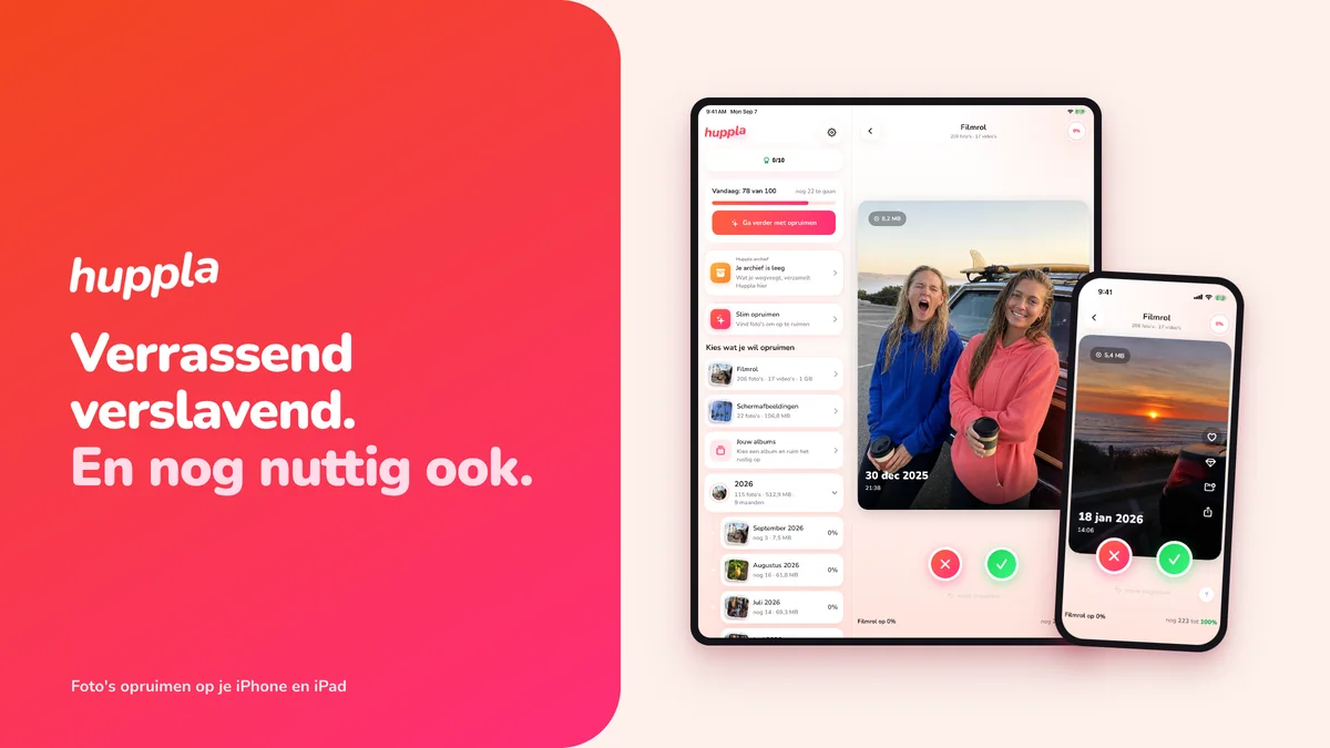 Huppla op iPad en iPhone tegen het rode merkverloop, met woordmerk en baseline