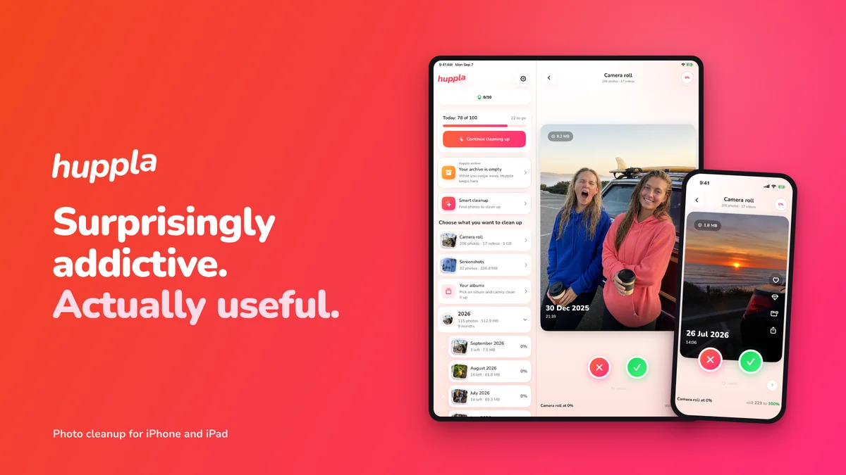 Huppla on an iPad and an iPhone against the red brand gradient, with the wordmark and tagline