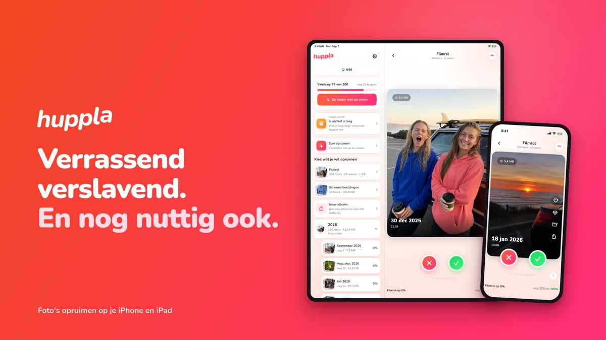Huppla op iPad en iPhone tegen het rode merkverloop, met woordmerk en baseline