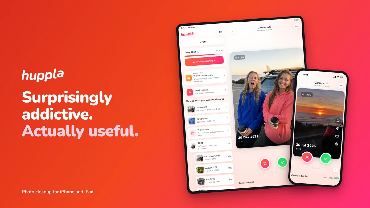 Huppla on an iPad and an iPhone against the red brand gradient, with the wordmark and tagline