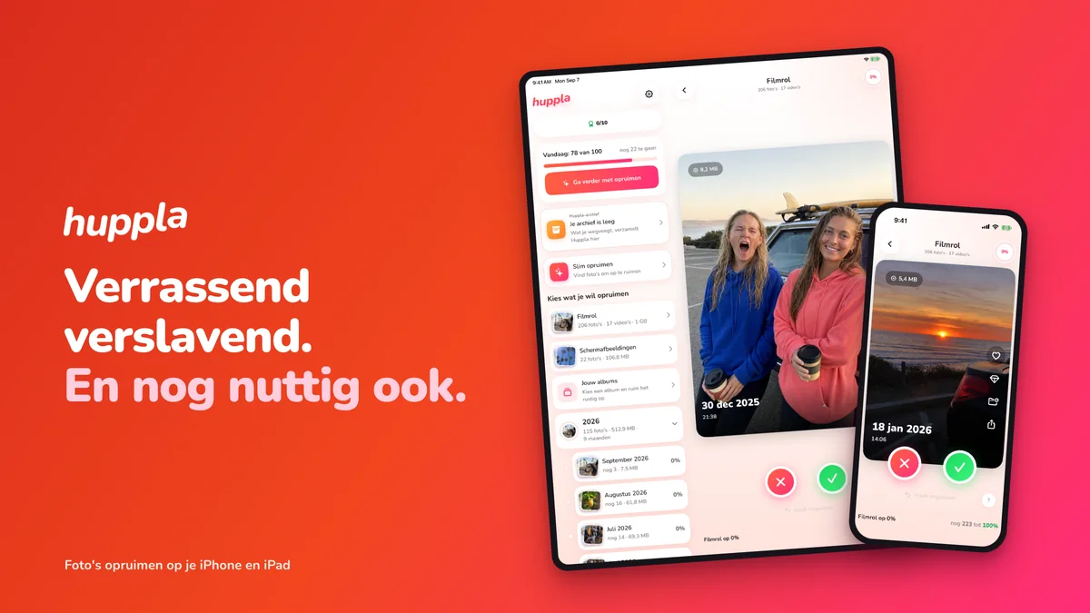 Huppla op iPad en iPhone tegen het rode merkverloop, met woordmerk en baseline